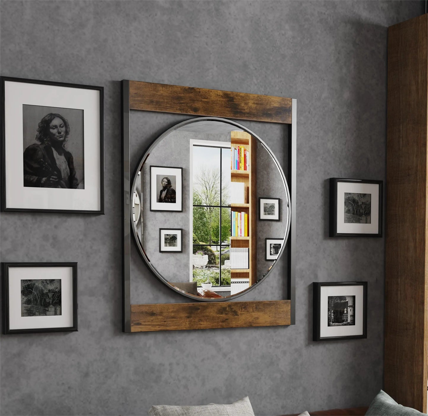 Industrial Metal Wood Frame Wall Mirror