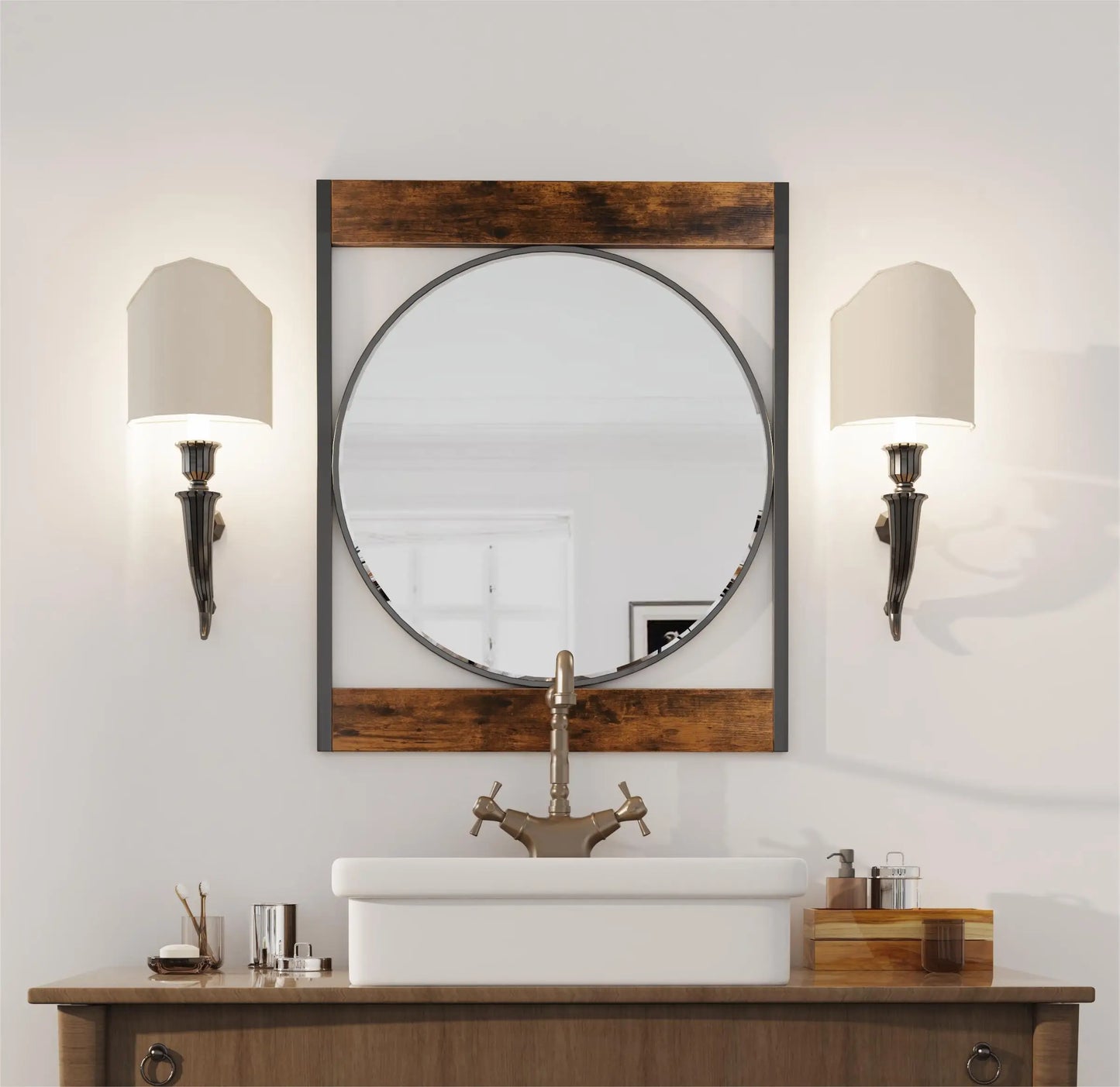 Industrial Metal Wood Frame Wall Mirror