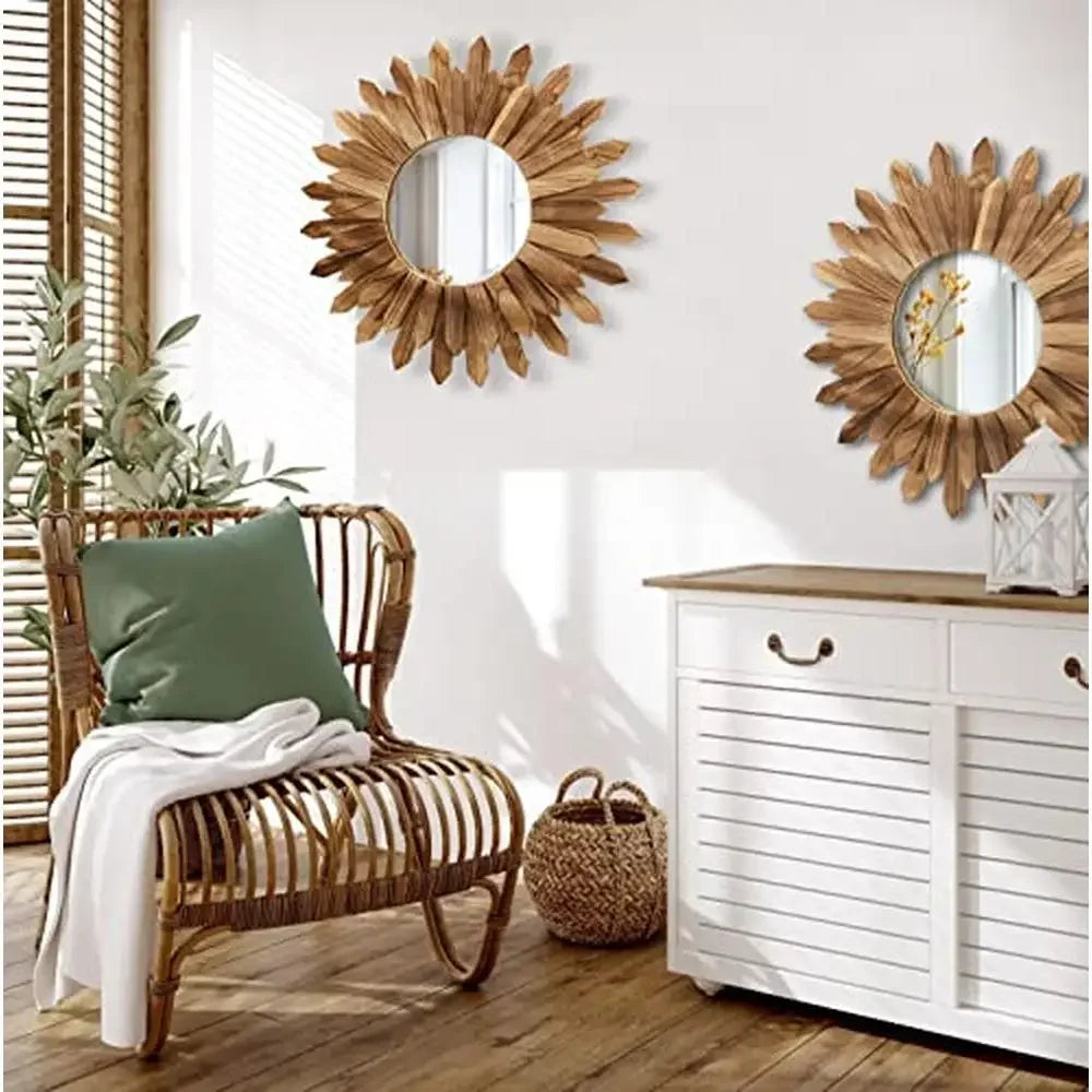 Wood Sunburst Mirror 22" Set of 2