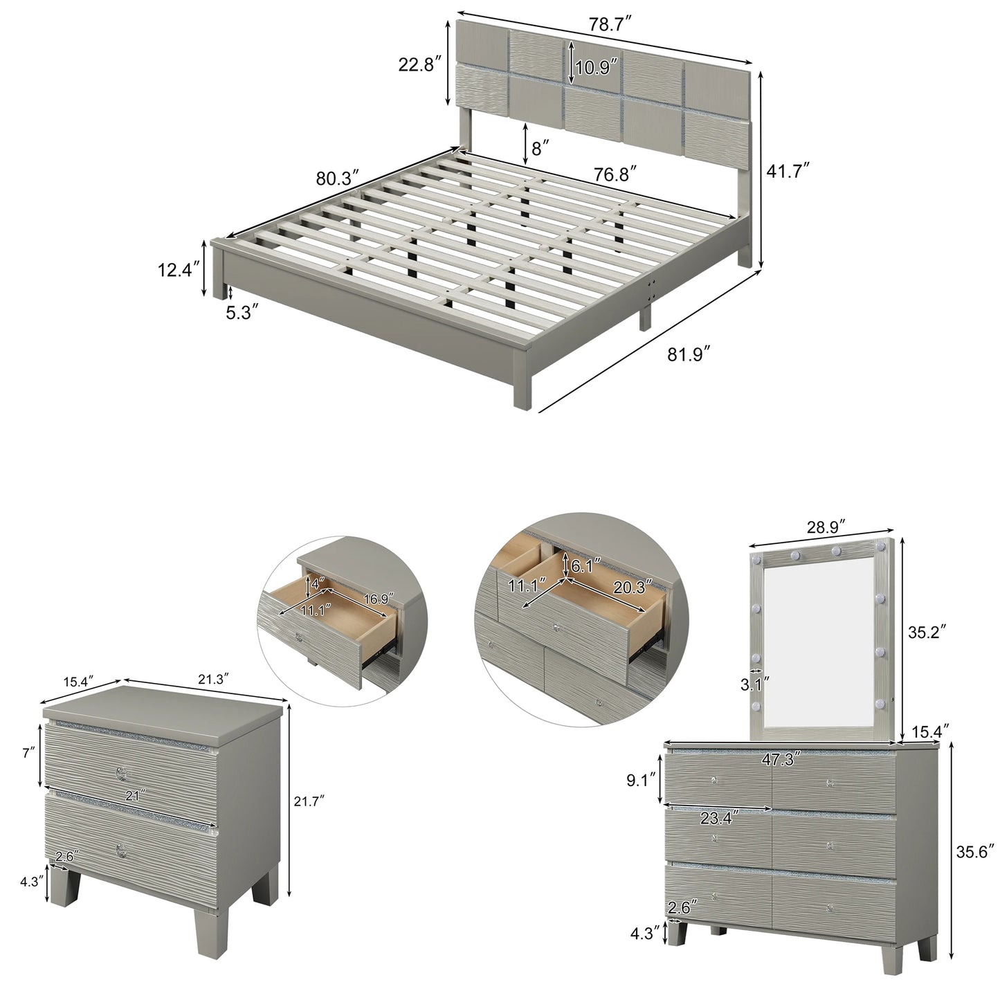 5 Pieces Champagne Silver Bedroom Sets