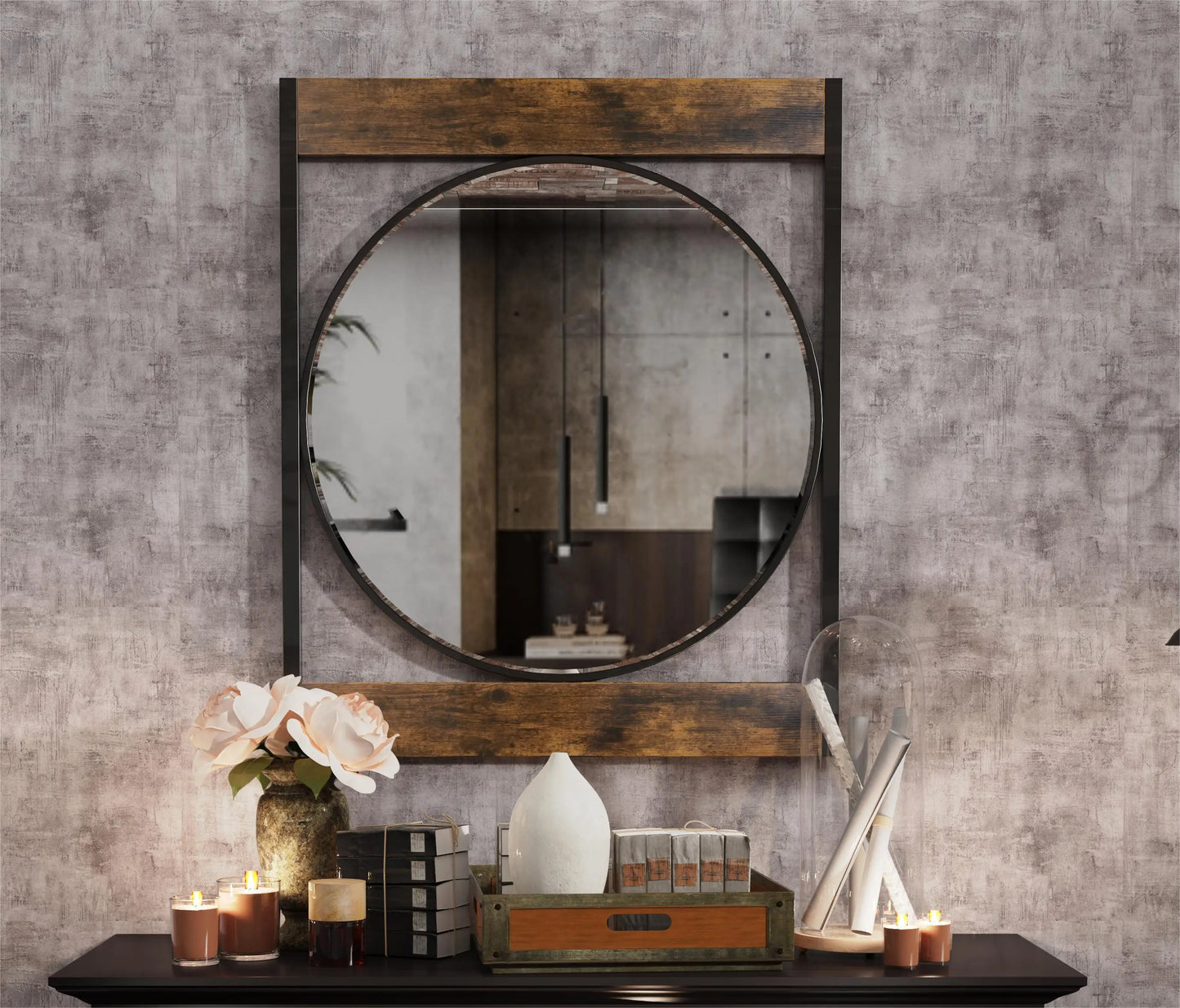 Industrial Metal Wood Frame Wall Mirror