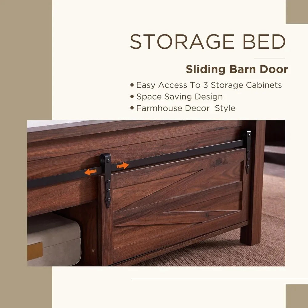 Farmhouse Bed with Sliding Barn Door Cabinets