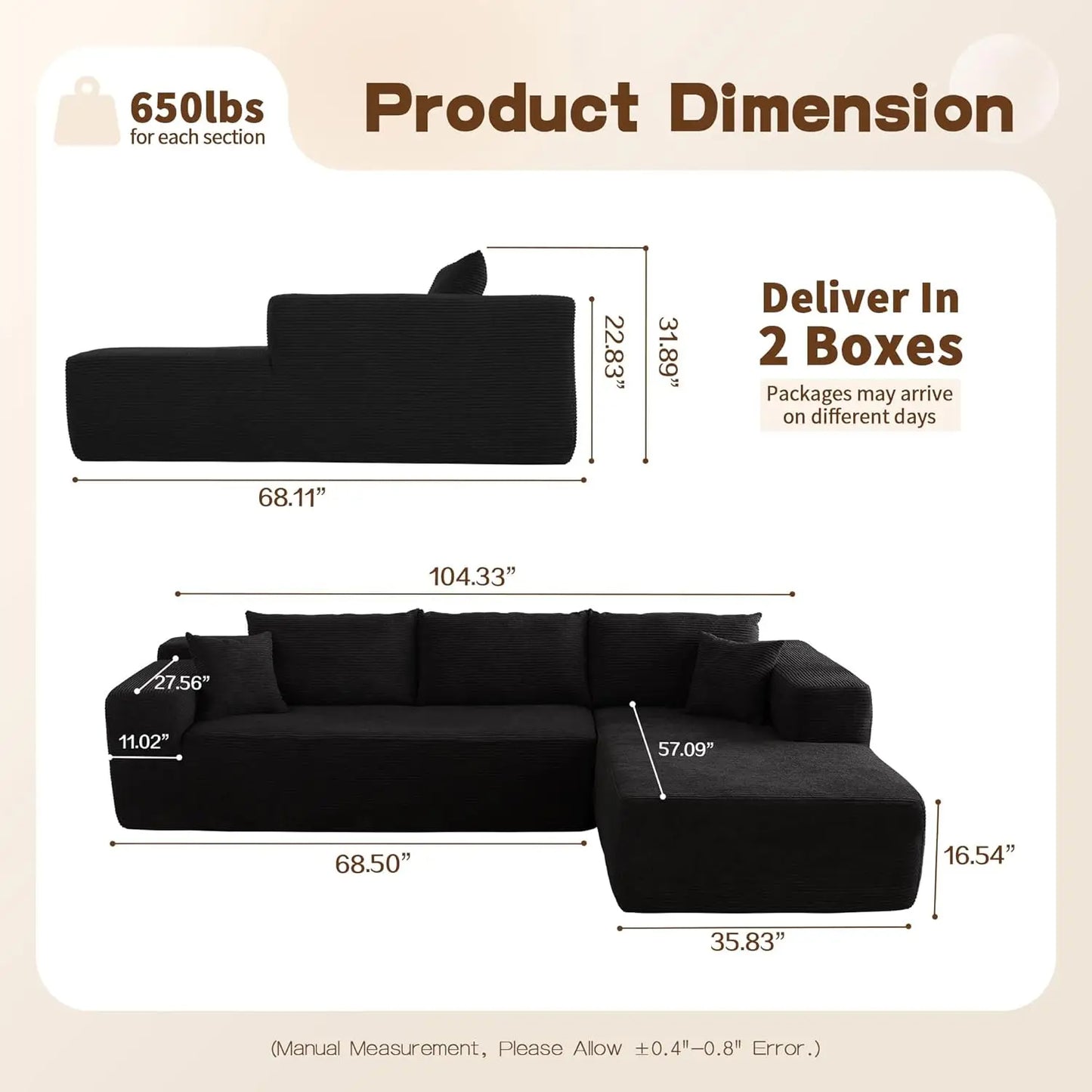 104" Modular Sectional Sofa,L-Shape Upholstered Cloud Couch,Modern Minimalist Couches,Free Combination Deep Seat Corner Couch