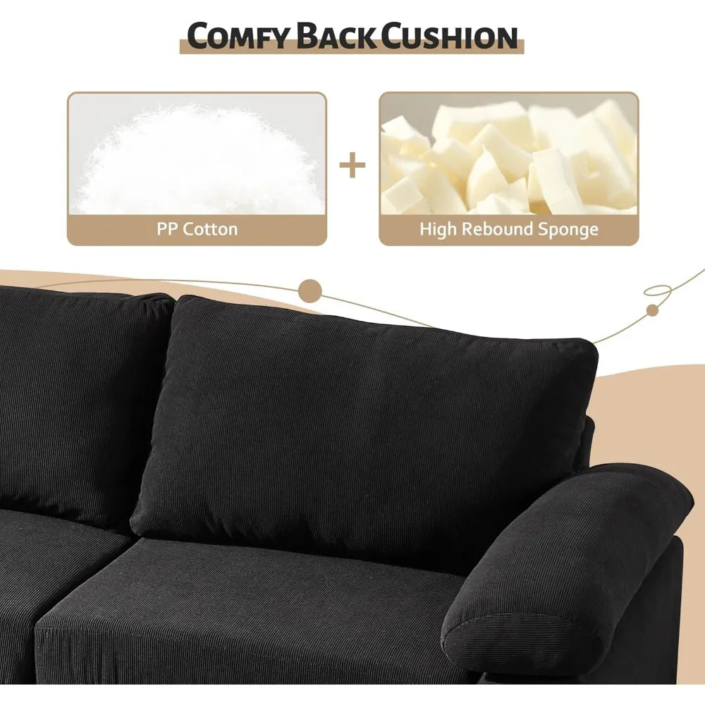 3 Seat Comfy Corduroy Couch With Convertible Chaise